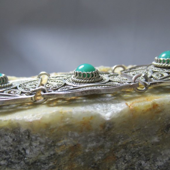 Green Turquoise Filigree Cuff Bracelet, Sterling & 800 Silver - Picture 4 of 5